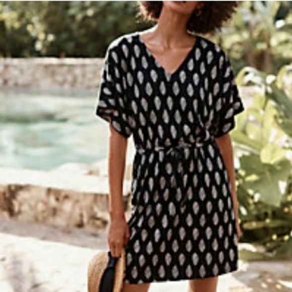 Garnet Hill Black wren leaf pattern dress XS - Picture 1 of 11